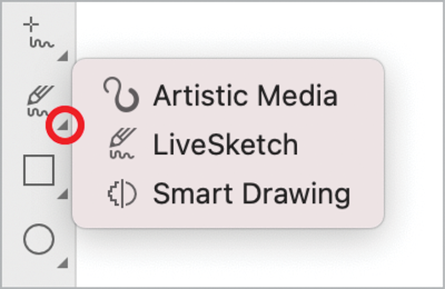 Detail of screenshot for CorelDRAW highlights small disclosure triangle for menu to change tool in toolbar.