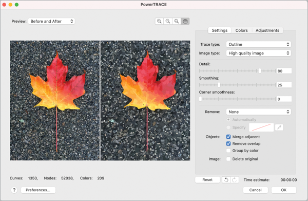 PowerTRACE screenshot shows before and after conversion of color photo of red-and-yellow maple leaf on pavement to vector art.