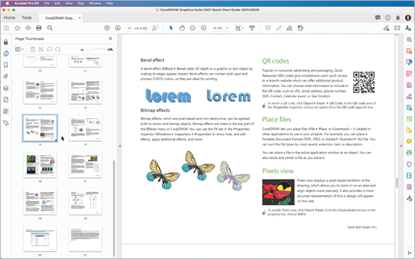 Screenshot of CorelDRAW Graphics Suite 2021 Resource Guide PDF with tips on using Bevel effect, Bitmap effects, QR codes, Place files, Pixels view. Left window shows thumnails of pages 10-21 of the guide.