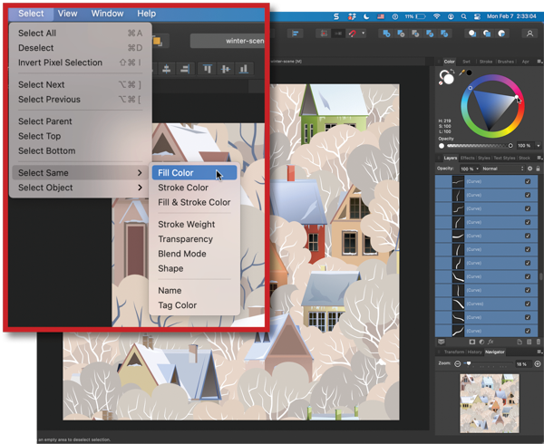Screenshot of Affinity Designer with Color, Layers, Navigator panels open. Highlight of Select menu with Select Same submenu showing Fill Color selected, with other choices: stroke color, fill & stroke color, stroke weight, transparency, blend mode, shape, Name, Tag Color.