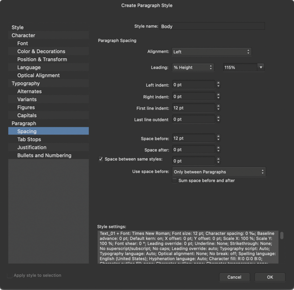 Screenshot of Affinity Designer Create Paragraph Style dialog box, Paragraph Spacing section. Offers choices for alignment, leading, left indent, right indent, first line indent, last line indent, space before, space after, space between same styles, Use space before only between paragraphs.