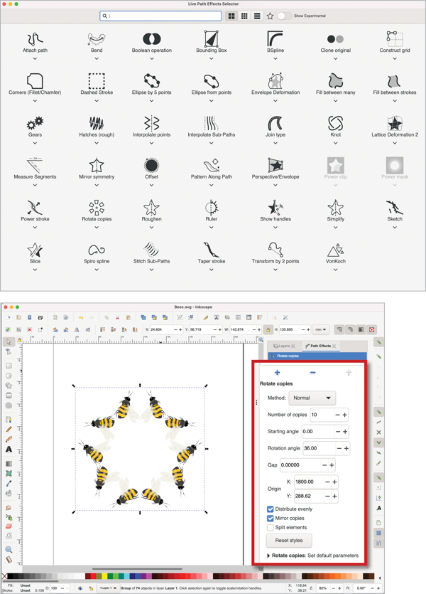Inkscape Live Path Effects Selector dialog box show options for attach path, bend, boolean operation, bounding box, bspline, clone original, construct grid, corners (fillet/chamfer), dashed stroke, ellipse by 5 points, ellipse from points, envelope deformation, fill between many, fill between strokes, gears, hatches (*rough), interpolate points, interpolate subpaths, join type, knot, lattice deformation 2, measure segments, mirror symmetry, offset, pattern along path, perspective/envelope, power clip (greyed out), power mask (greyed out), power stroke, rotate copies (highlighted with red square), roughen, ruler, show handles, simplify, sketch, slice, spiro spline, stitch subpaths, taper stroke, transform by 2 points, VonKoch. below, Rotate copies applied to artwork shows method (normal), number of copies (10), starting angle (0.00), rotation angle (36.00), gap (0.00000), origin X (1800.00), Y: 288.62, distribute evenly (checked), mirror copies (checked), split elements (unchecked). 