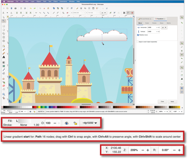 Screenshot of Inkscape shows red rule highlightes around tips on bottom of the screen: measurements, hints for linear gradient and path editing.