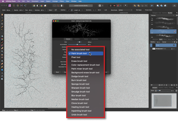 Raster art of fractals or tree roots or something with Brush dialog box open. Highlighted choices of brushes in menu: No associated tool, paint brush tool, pixel tool, erase brush tool, color replacement brush tool, paint mixer brush tool, background erase brush tool, dodge brush tool, burn brush tool, sponge brush tool, sharpen brush tool, smudge brush tool, blur brush tool, median brush tool, clone brush tool, healing brush tool, inpainting brush tool, undo brush tool.