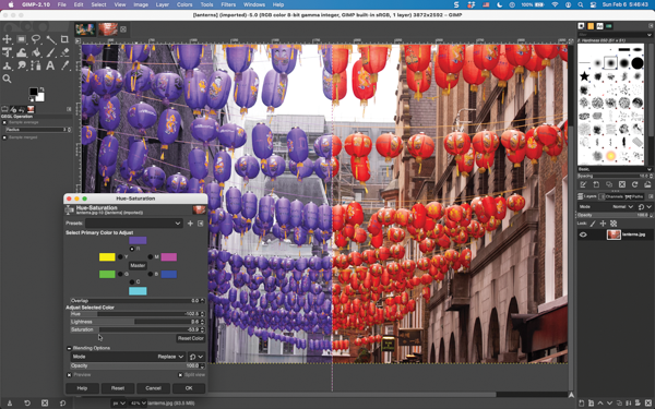 Screenshop of GIMP with half previewing effects of open dialog box for Hue-Saturation.
