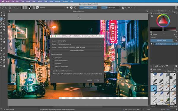 Screenshot of Krita with open dialog box "Convert All Layers fromRGB/Alpha (8-bit integer/channel). Options: Model (CMYK/alpha), depth (8-bit integer/channel), Profile (coated GRACoL 2006 (ISO 12647-2-2004), Rendering intent (perceptual), Use blackpoint Compensation (checked), Allow Little CMS optimizations (checked).