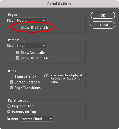 InDesign Pages panel options dialog box