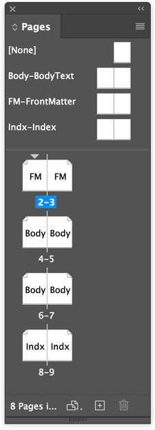 InDesign Pages panel with page labels