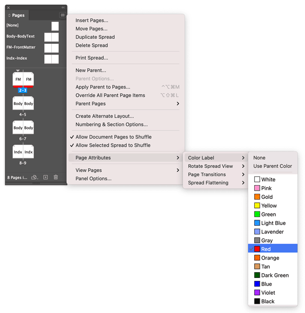 Applying color labels to pages in InDesign's Pages panel