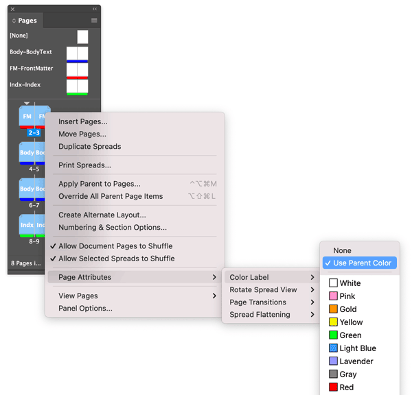 InDesign pages panel where document pages inherit color labels from parent pages