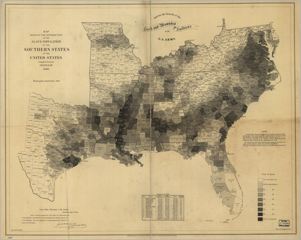 Map showing the distribution of the slave population of the southern states of the United States, compiled from the census of 1860