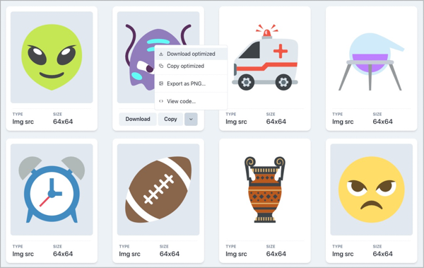 A grid of simple color line drawings of clients, ambulance, alarm clock, football, etc. with contextual menu options Download optimized, Copy optimized, Export as PNG, View code.