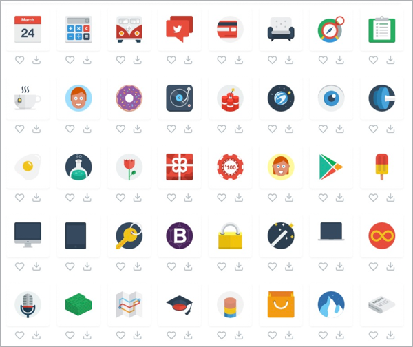 A grid of 40 small color drawings/icons each with heart and download icons.
