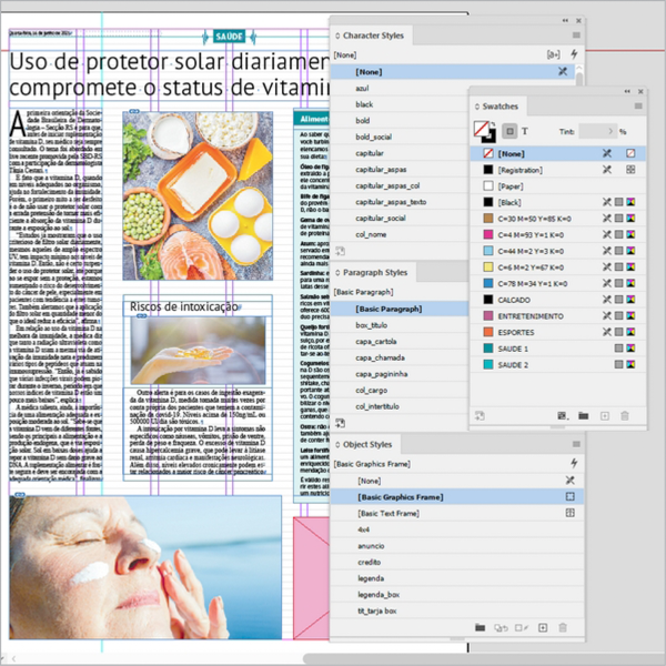 Screen shot of newspaper page with character styles, paragraph styles, swatches panels open, all showing highlights of [None] or [Basic Paragraph]