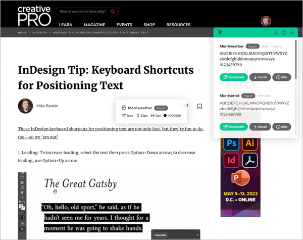 Screenshot of CreativePro article with windows showing samples of Merriweather and Monserrat fonts, indicating their usage in the site design 