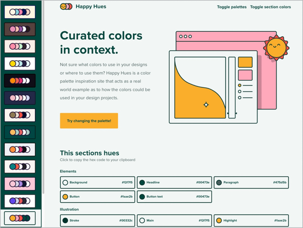Screenshot of Happy Hues website shows controls for color palette.