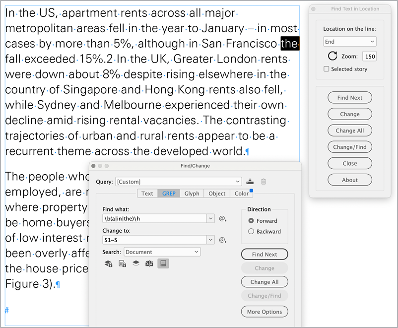 Screen shot of find/change InDesign command, with script dialog box for Find Text in Location: Location on the Line End