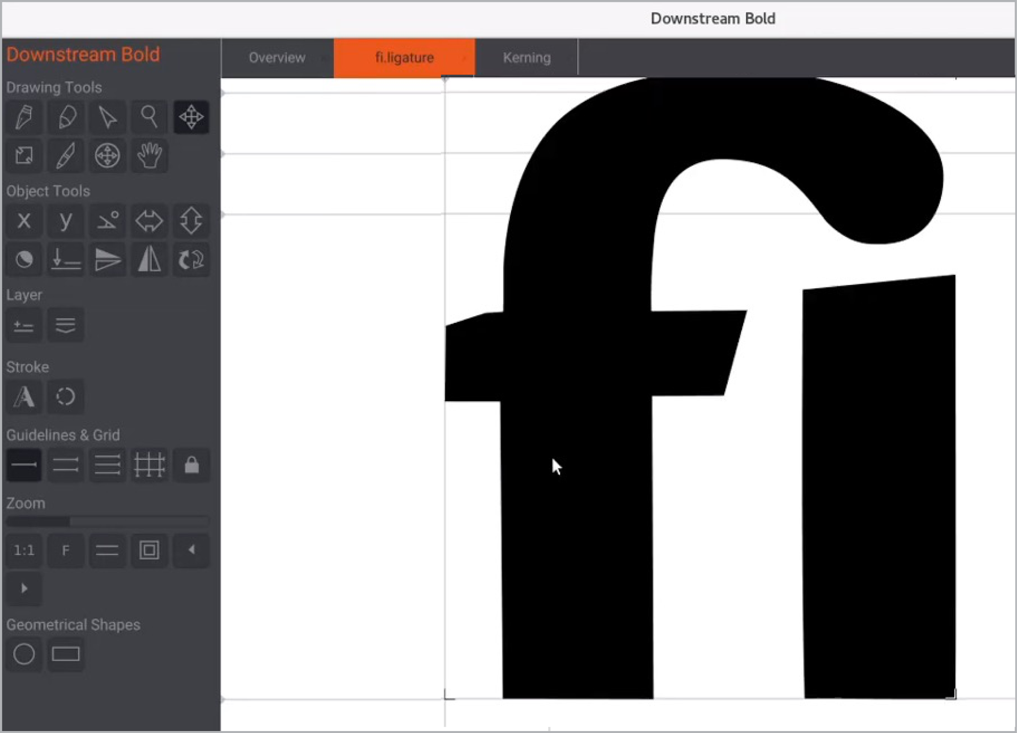 Screen shot of Birdfont editor with fi ligature example from Downstream Bold.