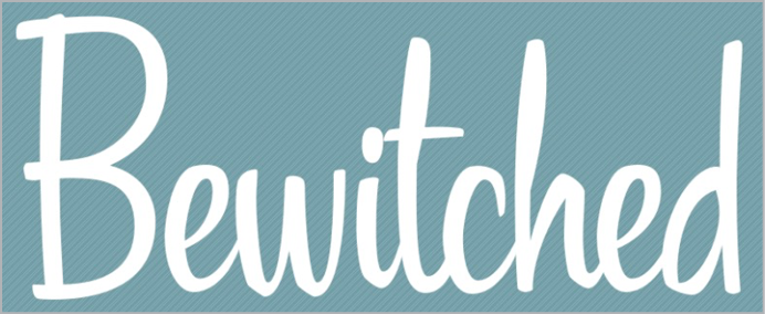 White script type with word "Bewitched" against slate-blue background