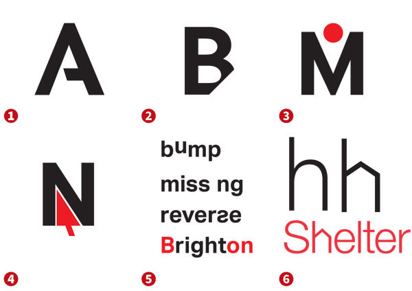 Six examples of exercise of adding or subtracting one element from a letter.