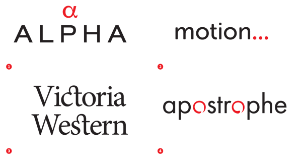Four examples of type logos: "alpha" logo with greek letter alpha, "motion" with red ellipse, "Victoria Western" with old style ligatures, "apostrophe" with stylized red lowercase Os