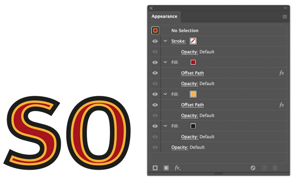 letters "so" with black outline, with strokes of yellow and red on the inside of the letter. Appearance panel with settings for effect.