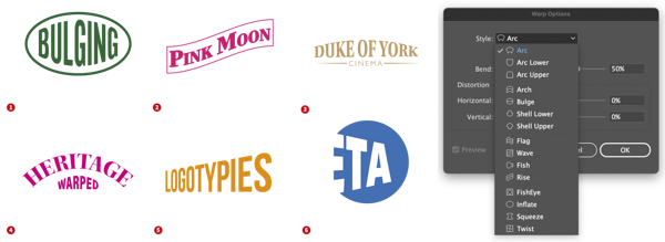 Six logos with effects from Warp effects.