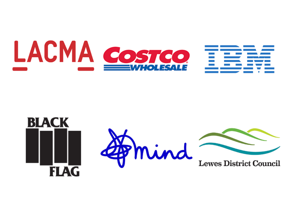 Logos for Lacma, Costco, IBM, Black Flag, Mind, and Lewes District Council. All contain multiple lines.