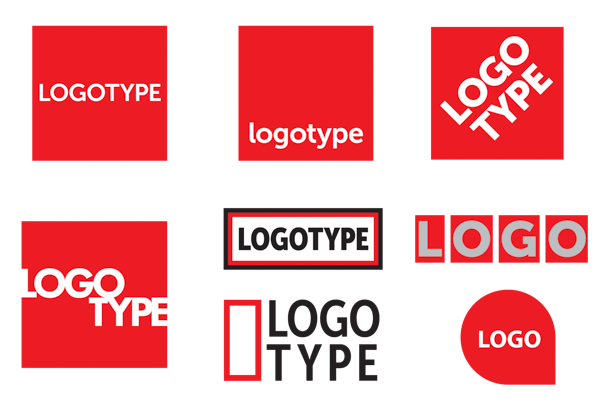 Seven examples of a logo using squares and rectangles