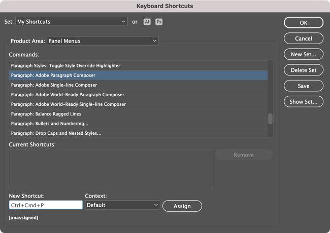 InDesign paragraph composer keyboard shortcut