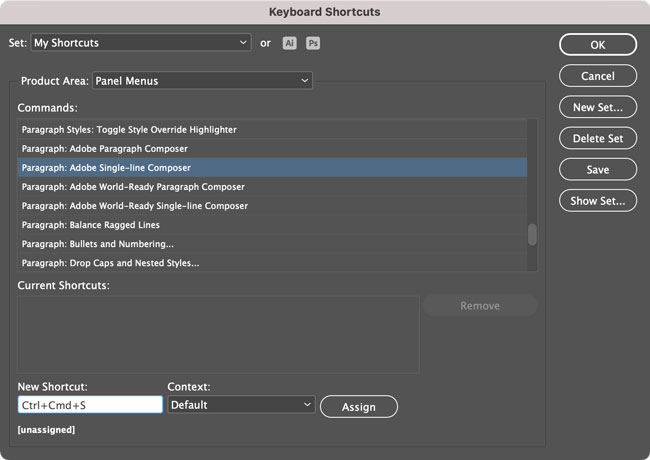 InDesign single-line composer keyboard shortcut