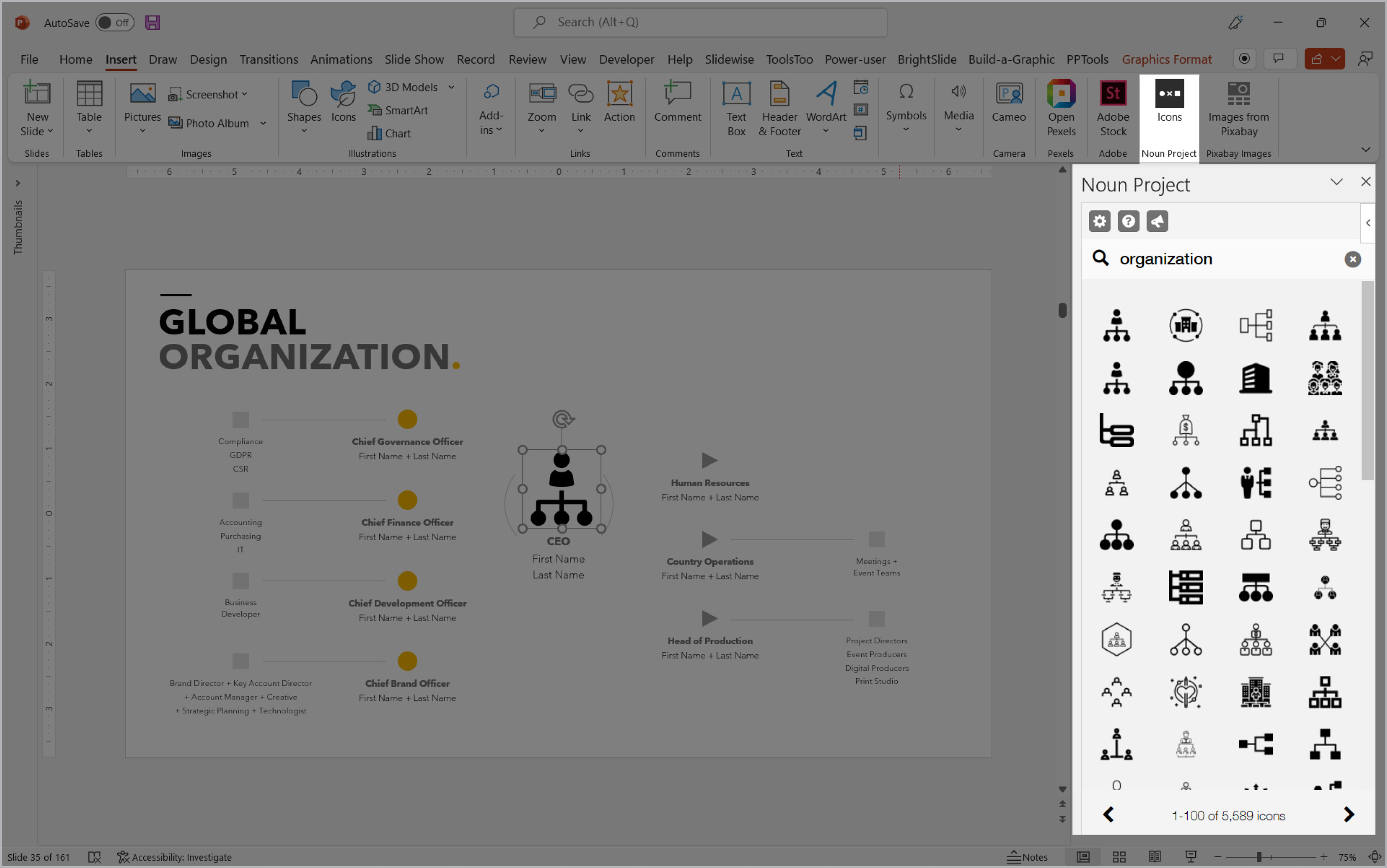 Screen shot with ribbon icon "Noun Project" selected showing 36 black and white icons that you can insert into your deck.