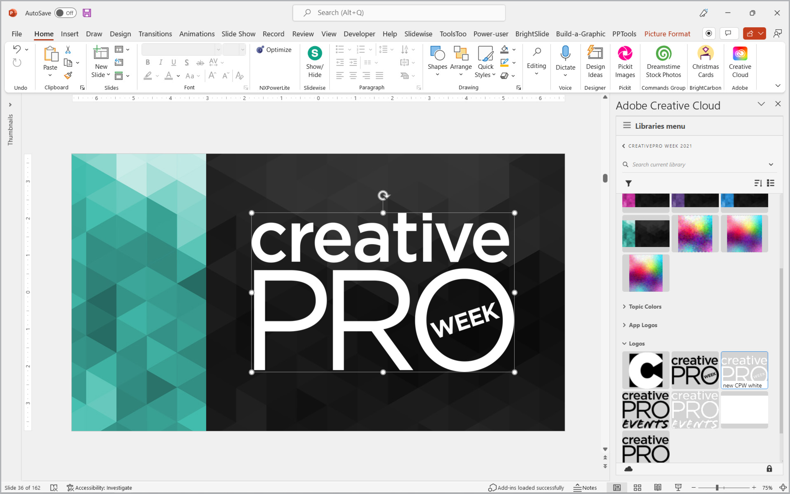 FIgure 4. The Adobe Creative Cloud add-in lets you open your CC Libraries and insert such assets as graphics and logos without ever leaving PowerPoint. FIgure 4. The Adobe Creative Cloud add-in lets you open your CC Libraries and insert such assets as graphics and logos without ever leaving PowerPoint.