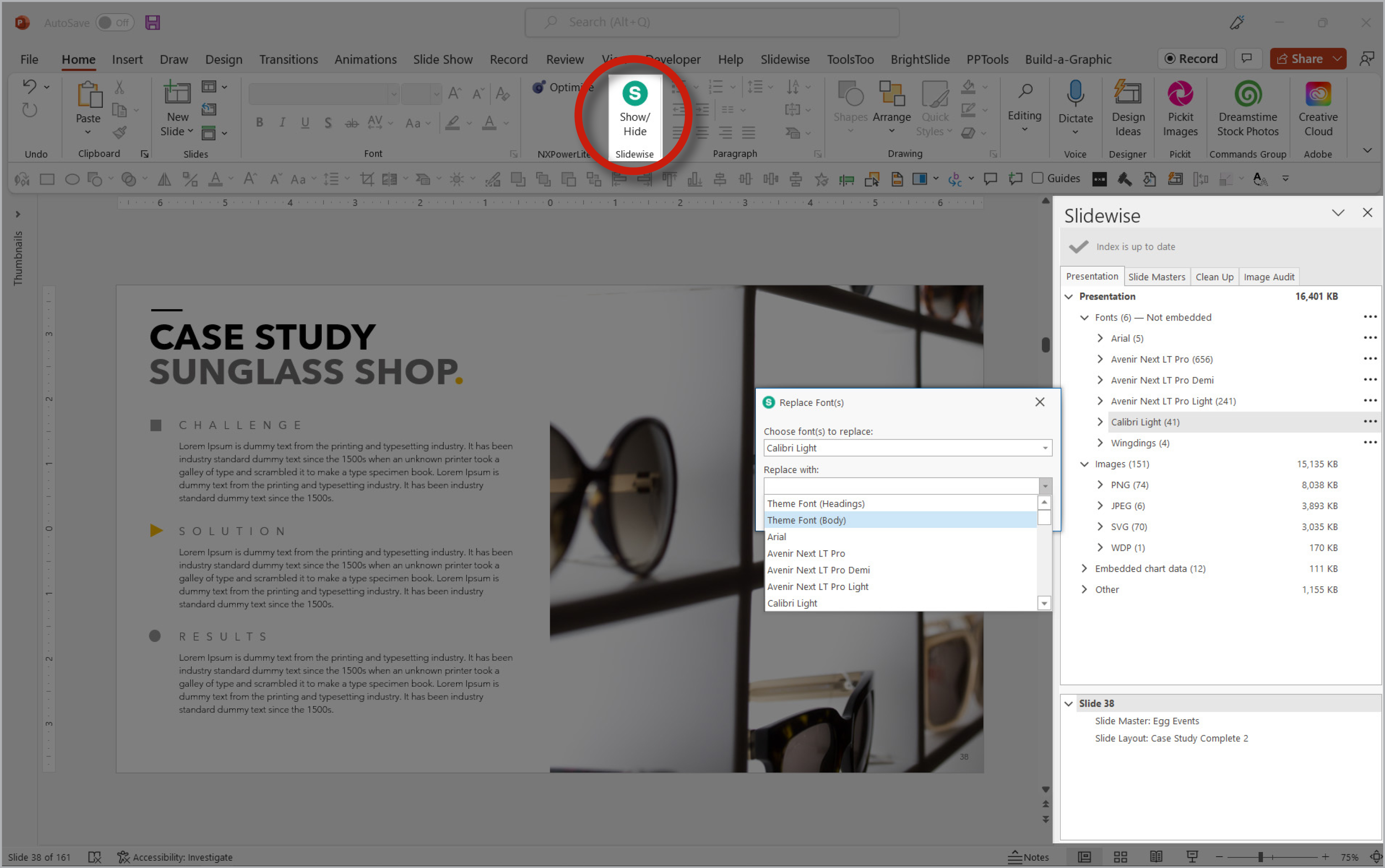 Slidewise button highlighted on PowerPoint ribbon.