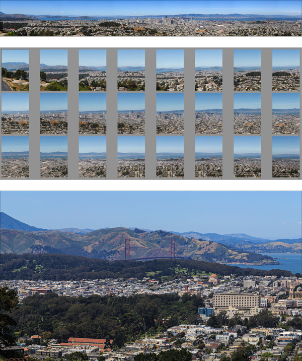 Three images: a panorama, the 24 individual photos from which it was made, and a detail of the final image.