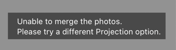 Screen shot of Lightroom Classic error message "Unable to merge the photos. Please try a different Projection option.”