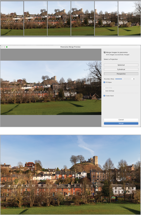 Six original vertical photos, Panorama Merge Preview screen shot shows Perspective option selected, boundary warp at 50, Fill edges checked, Create stack checked. Final corrected panorama image at bottom.