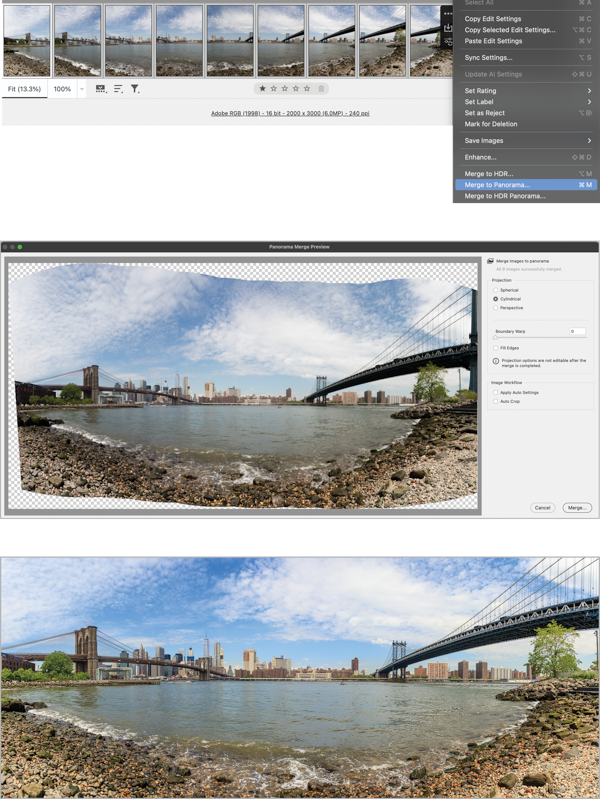 Multiple vertical images selected and menu shows Merge to Panorama option selected. Panorama Merge Preview dialog box shows preview of merged image with option Cylindrical selected. Final corrected panorama below.