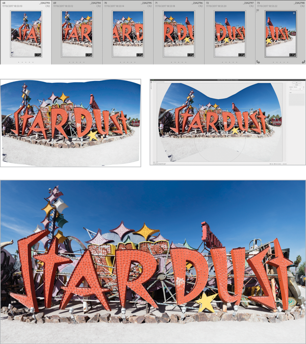 Six source images shown with screenshots of panorama and adaptive wide angle filter applied to composite image. Final corrected image shown below.