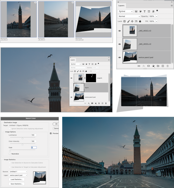 Source images: two unretouched photos and an existing panorama. Layers panel shows composition of merged panorama. Match color dialog box shows image options: Luminescence 100, color intensity 100, Fade 0. Final corrected composite image below.