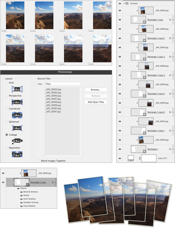 Eight vertical source images. Photomerge dialog box shows selection of collage. Detail of layers panel shows applied effects: bevel and emboss, stroke, inner shadow, gradient overlay, drop shadow. Final collage below.