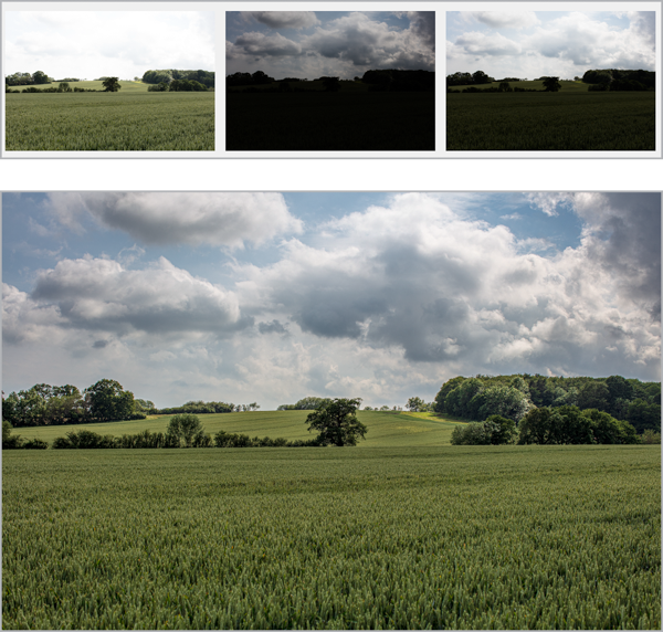 Three source photos and composite corrected photo of rolling fields and clouds below.