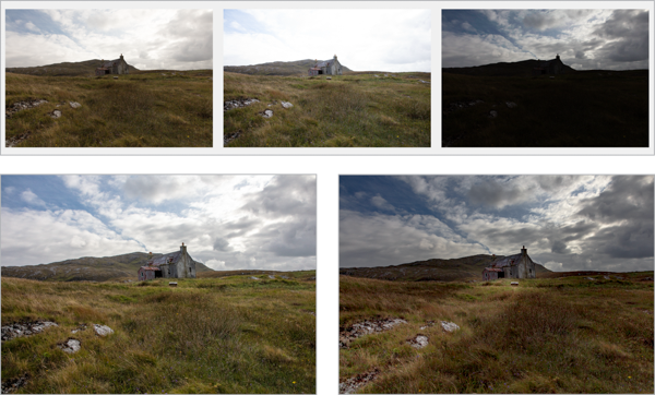 Three potential source images for farmhouse scene with dark stormy clouds in sky. Source image shown with image after shadow correction.
