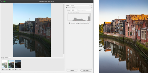 Screen shot of Merge to HDR Pro dialog box with options remove ghosts, mode 32 bit, complete toning in Adobe Camera Raw. Resulting image shown.