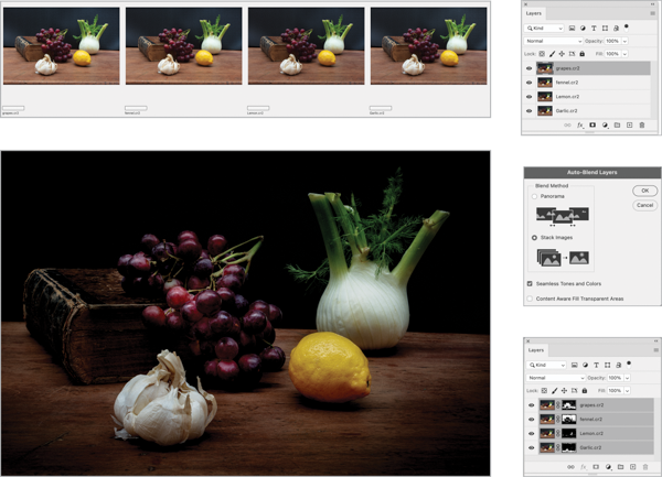 Four source images merged to different layers. Auto-Blend Layers dialog box shows options for Stack Images and Seamless Tones and Colors checked. Final composite image shown.