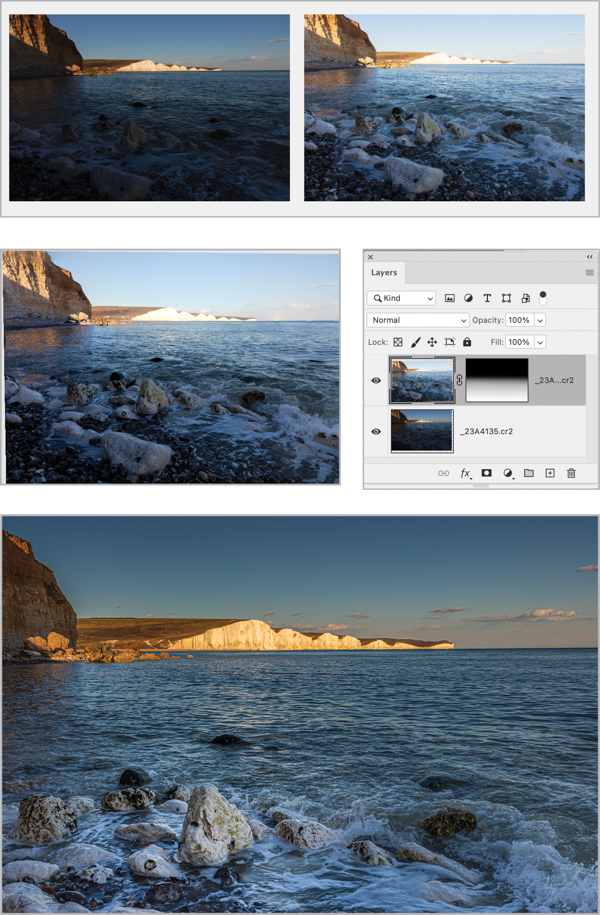 Two source images of seashore and cliffs. Merged image shown with gradient layer mask. Final composite image shown.