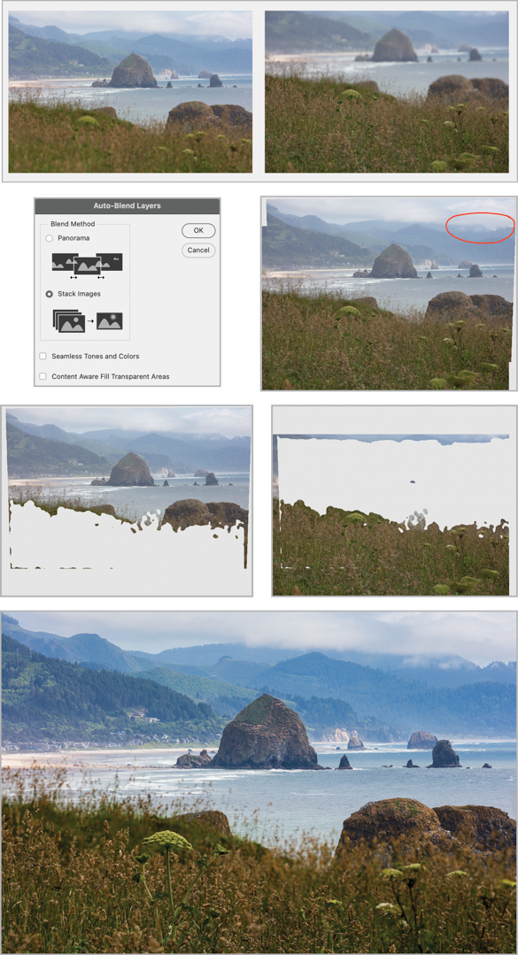 Two source photos, with Auto Blend Layers dialog box, plus resulting composite image.