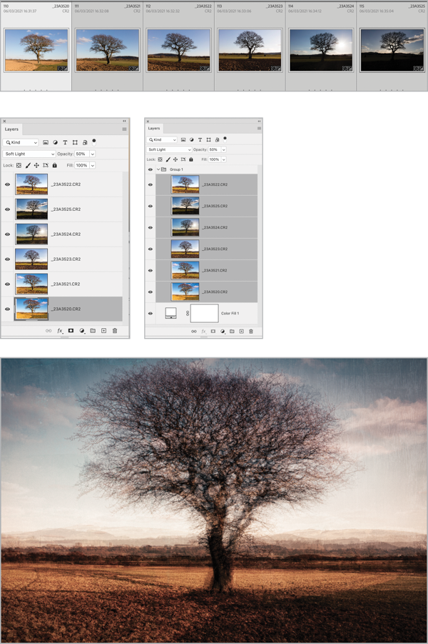 Six source images with layers shown, Soft Light Opacity 50%.