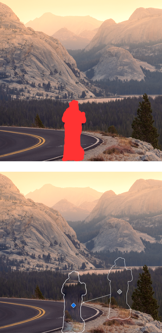 Sequence of photos in Lightroom shows masked out person in image and Lightroom's attempts at filling in the selection with data from the rest of the image