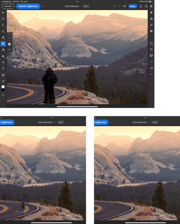 Sequence of screen shots showing use of healing brush on original photo